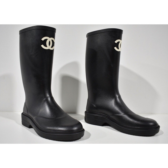 Chanel REV Black White Caoutchouc CC Logo High Pull On Rubber Rain Boots 38 - Picture 4 of 12